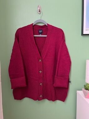 GAP 24/7 Split Hem Button Front Cardigan in Pomegranate Pink 100% Cotton